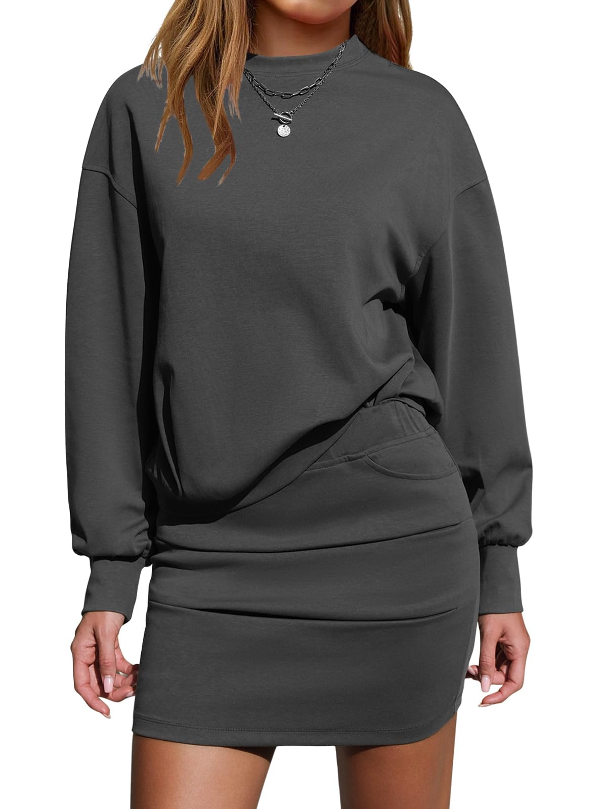 EXLURA Womens 2 Piece Skirt Sets Long Sleeve Mock Neck Sweatshirt Skort Matching Set Casual Airport Travel Spring Outfits