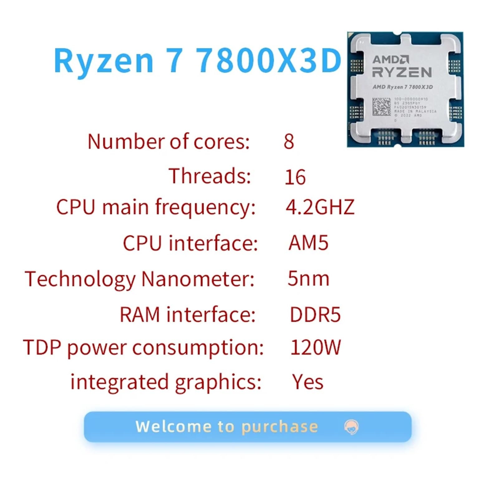 (ジュンジュン) AMD Ryzen 7 7800X3D CPU New AMD Ryzen 7 7800X3D 8-Core 16-Thread 120W AMD Radeon