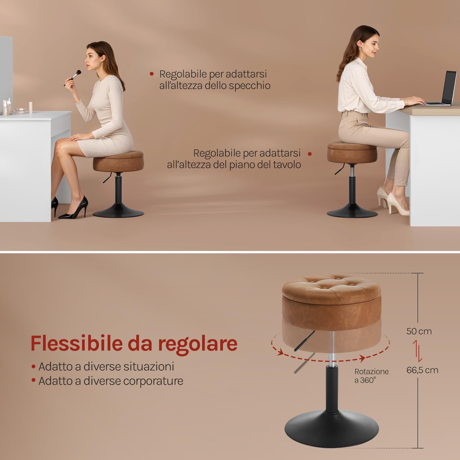 WOLTU Sgabello da Trucco, Sedia con Contenitore, in Velluto, Marrone | Sgabello Altezza Regolabile, 50-66.5cm, Sedia da Bar Rotondo, per Cucina Soggiorno, Toeletta Trucco, Postazione, in Metallo