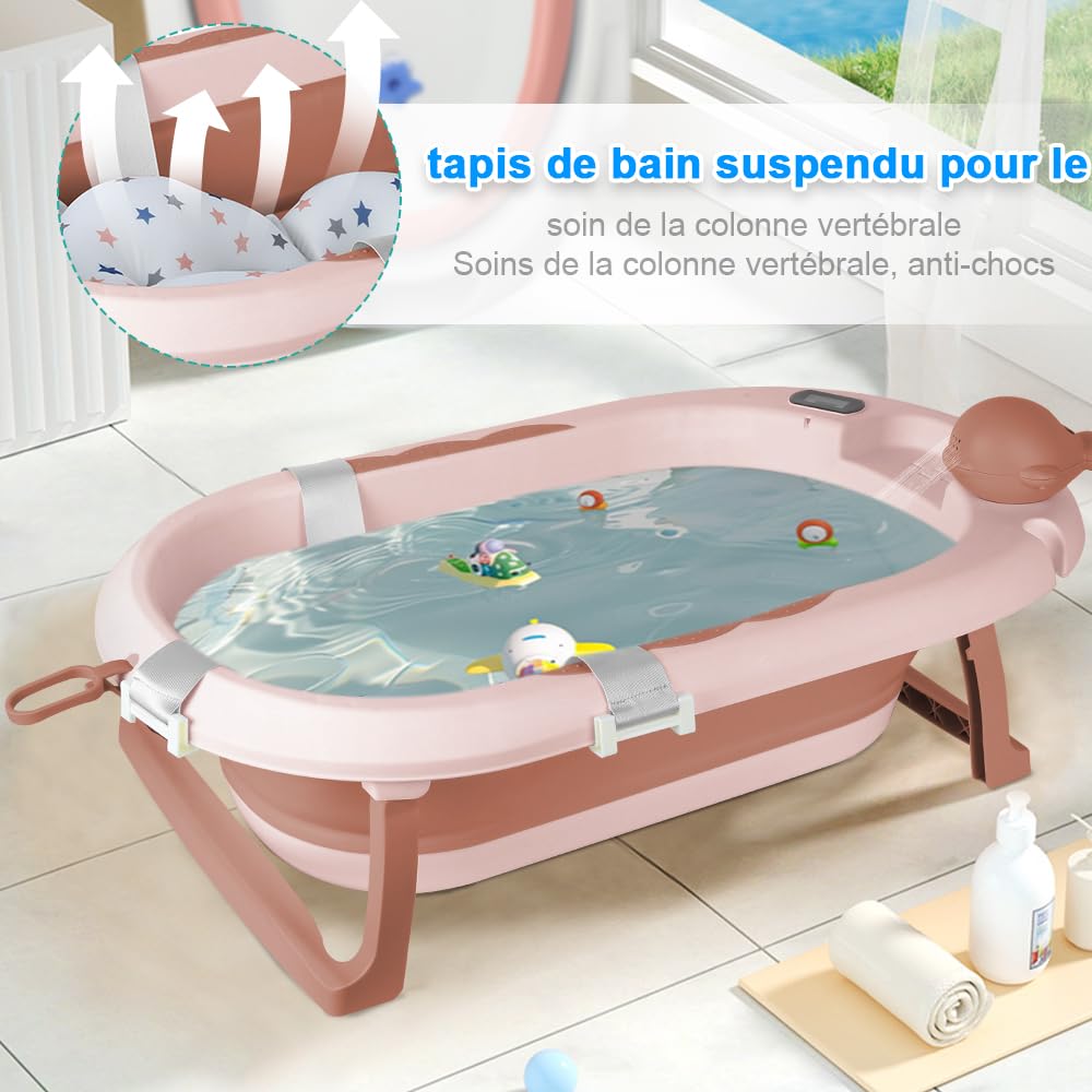 OHMG Vasca da Bagno per Bambini Pieghevole con Piedi, Grande Vasca XXL con Supporto, Termometro 2.0, Seggiolino e Kit di Drenaggio, Vaschetta per Neonati, Ideale per la Doccia, Dalla Nascita a 3 Anni