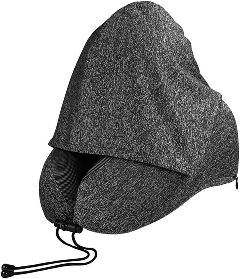 Sarini Oreiller de voyage pour le cou en mousse à mémoire de forme, oreiller de voyage à capuche pour adultes, oreiller cervical confortable pour voyager avec capuche, oreiller de vol, coussin de voya