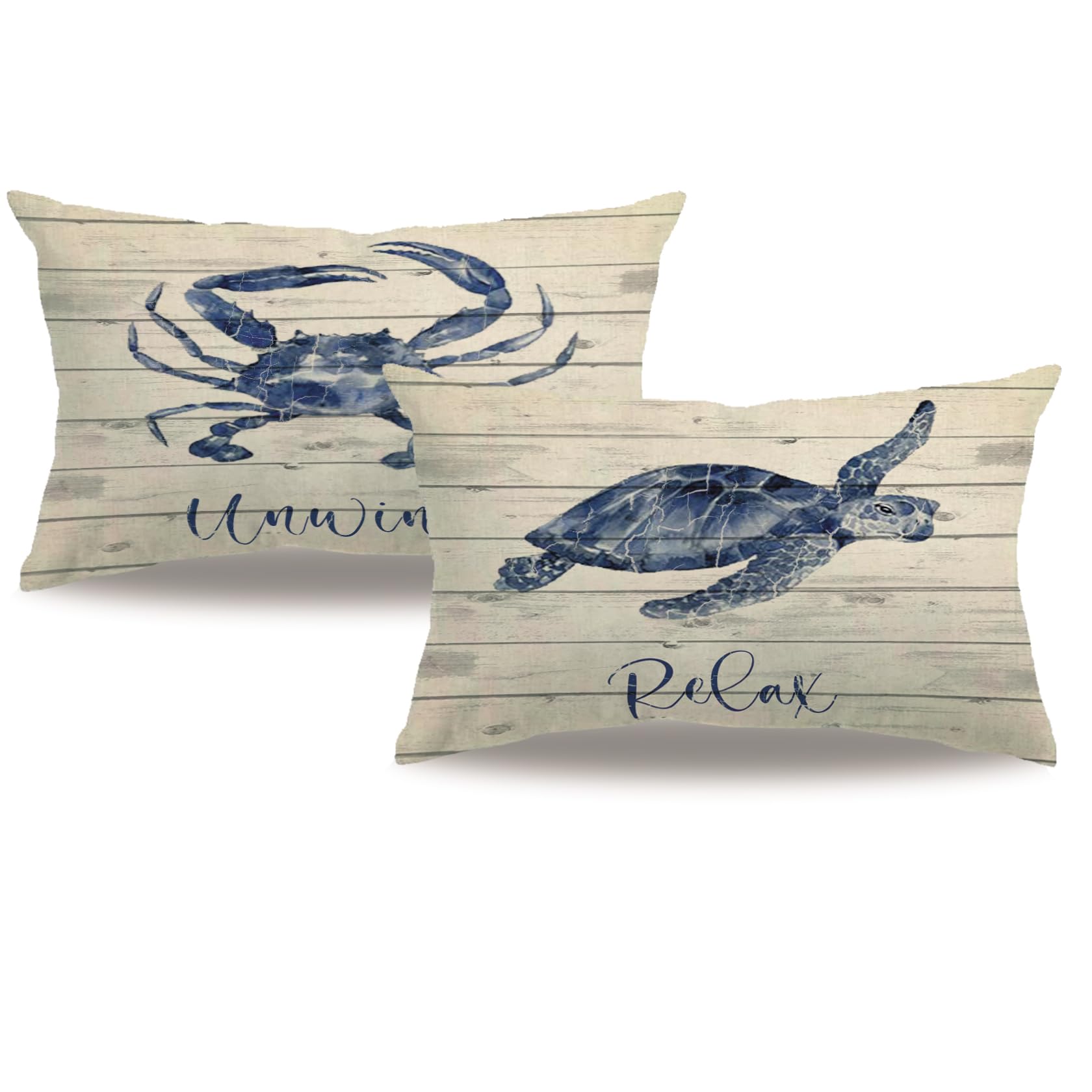 2Pack Sea Life Pillow Covers Double-sided Printed Wood Grain Sea Animals Sea turtle/Crab Rectangular/Waist Cushion Cover Summer Coastal Ocean Theme