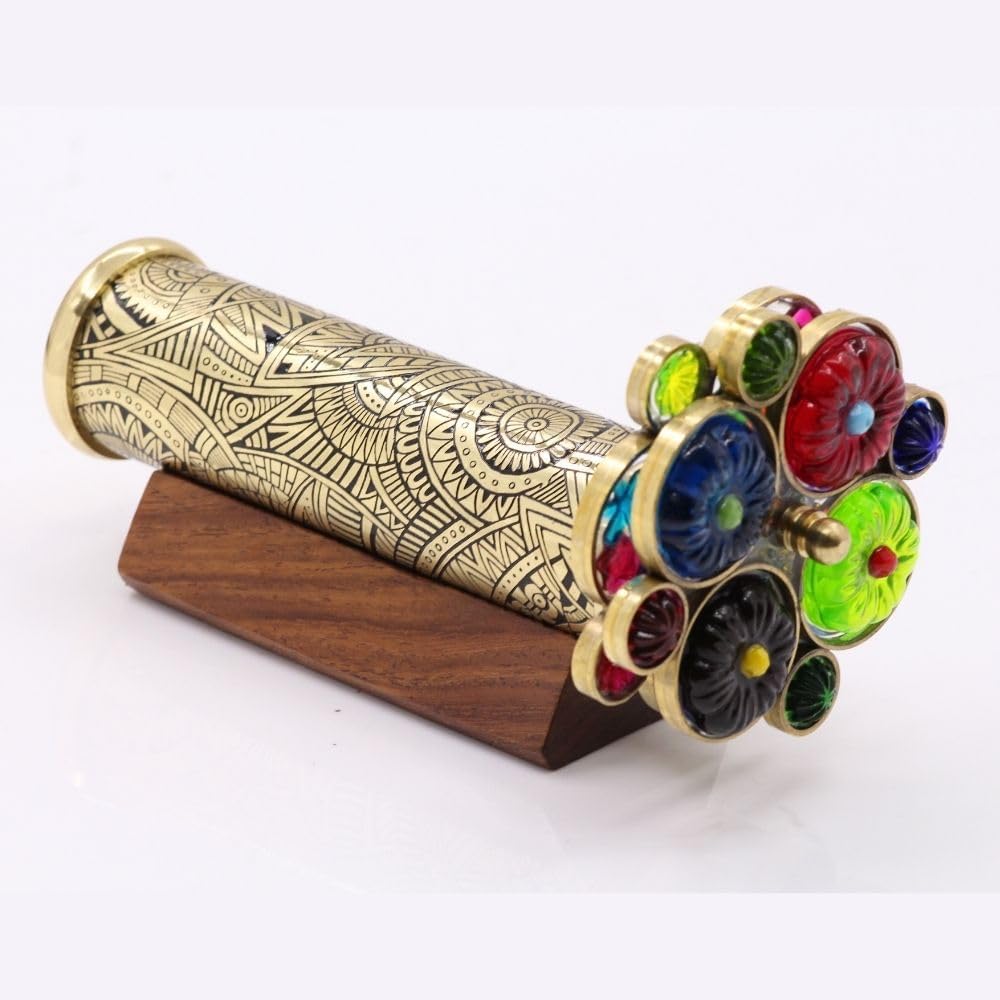 Handmade Tribal Brass Kaleidoscope with Etched Design, 2 Resin Bead Wheels, Lacquer Finish, Wood Stand & Gift Box – A Unique Collectible Gift for Adults (Two Mirror System)