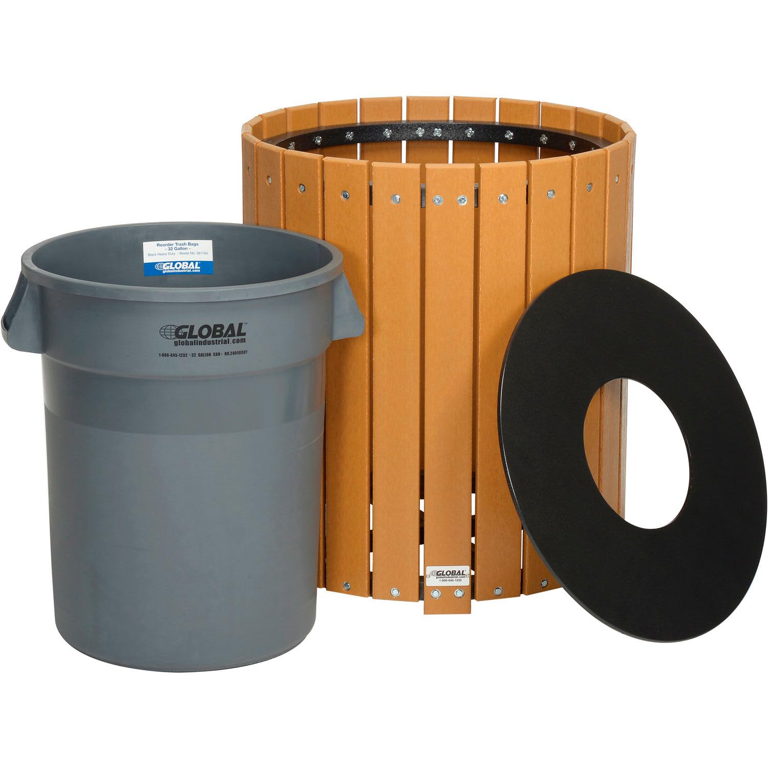 Global Industrial Round Recycled Plastic Receptacle W/Liner, 32 Gallon, Cedar
