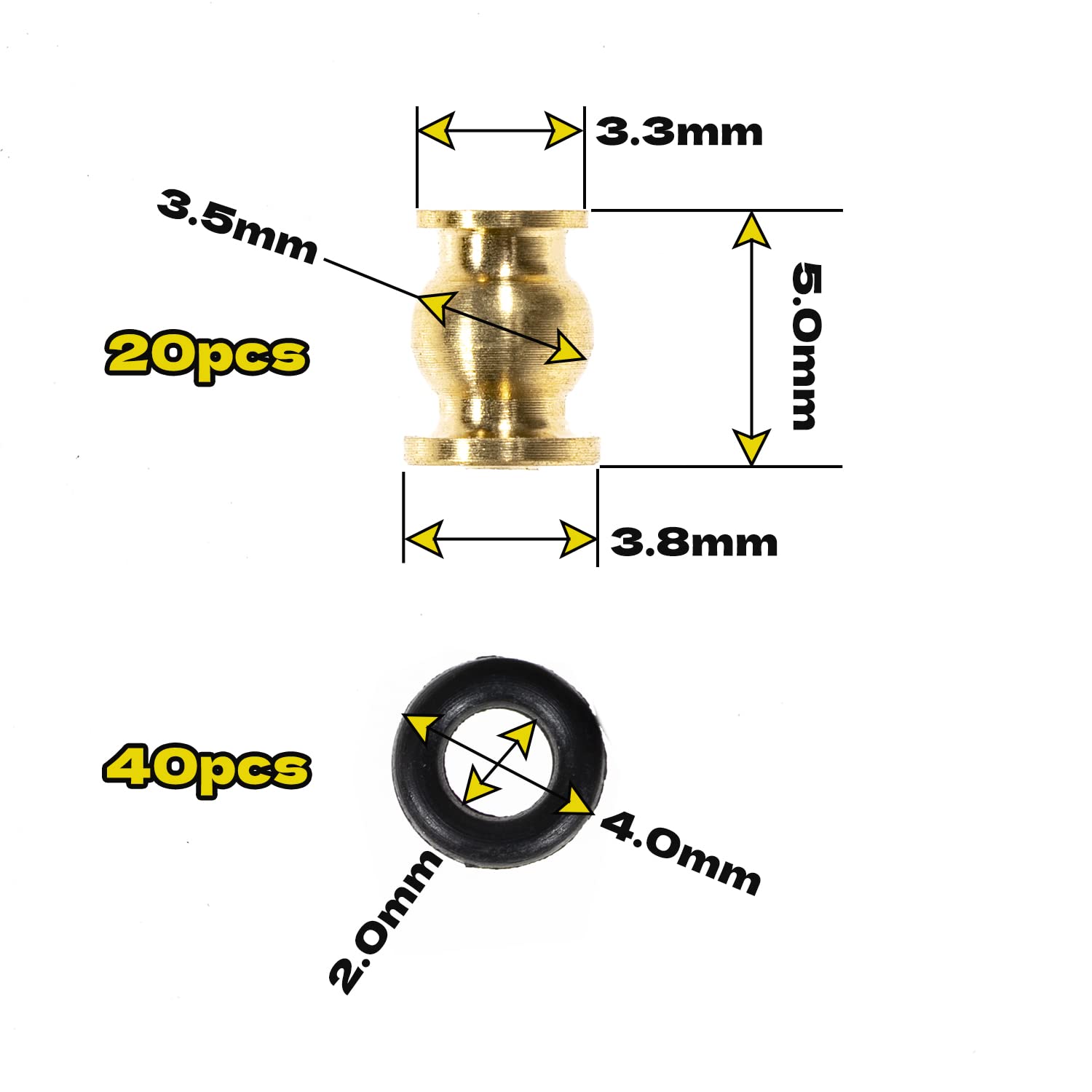 RampCrab RC Rod Ends Ball Studs Joints Set for SCX24, 20Pcs Brass Ball & 40Pcs O-Ring, Upgrades Parts for 1/24 RC Crawler Car, Brass Upgrades Accessories