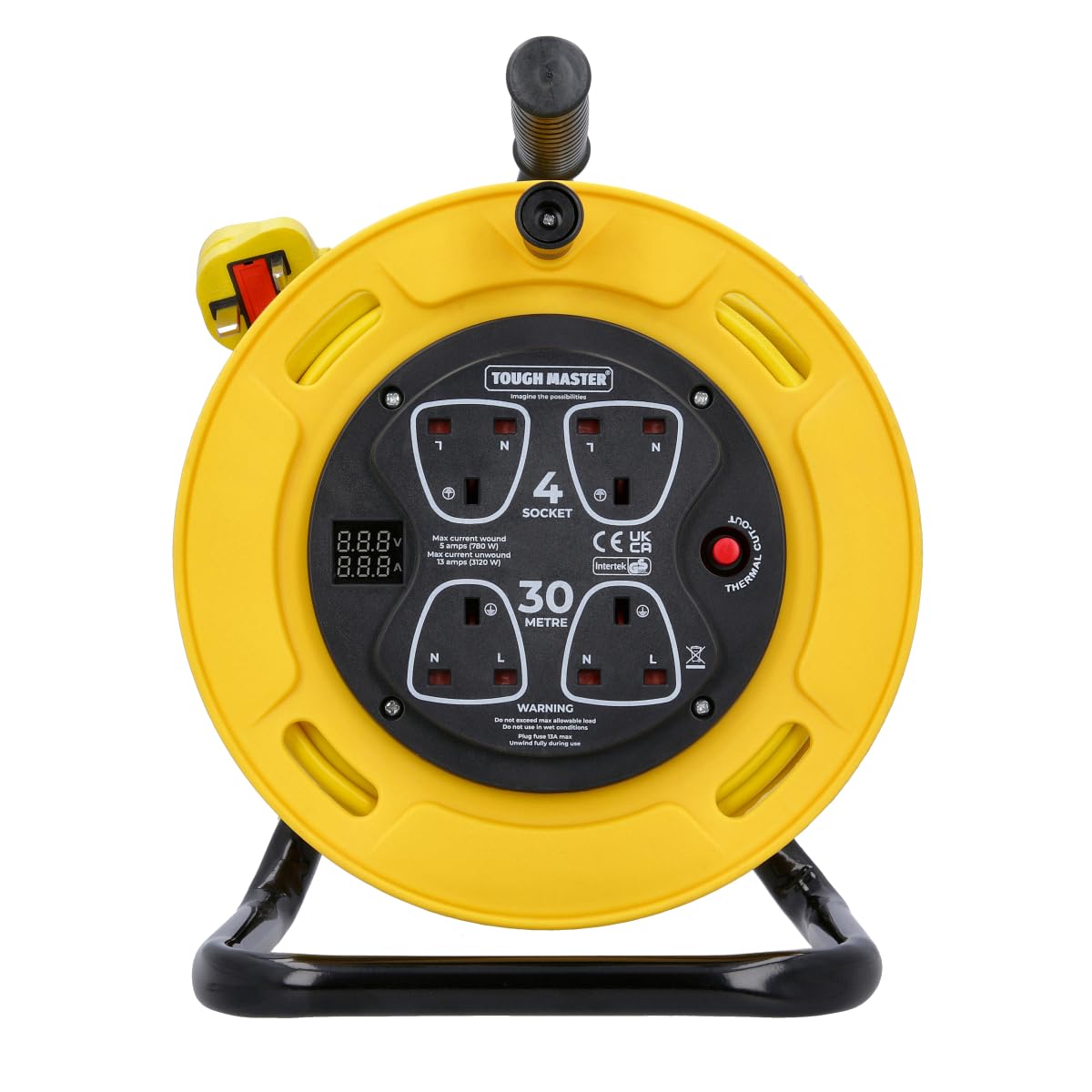 TOUGH MASTER Cable Reel 230-240V 4 Socket UK Extension Lead With Thermal Cut Out