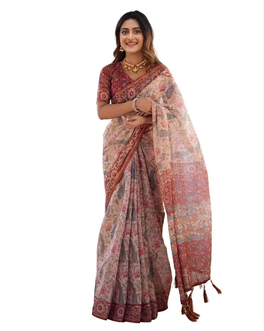 Premium Soft Silk Saree with Peacock & Floral Print | Beige Designer Saree with Rich Border & Printed Blouse Piece | Elegant Festival Saree-image-29