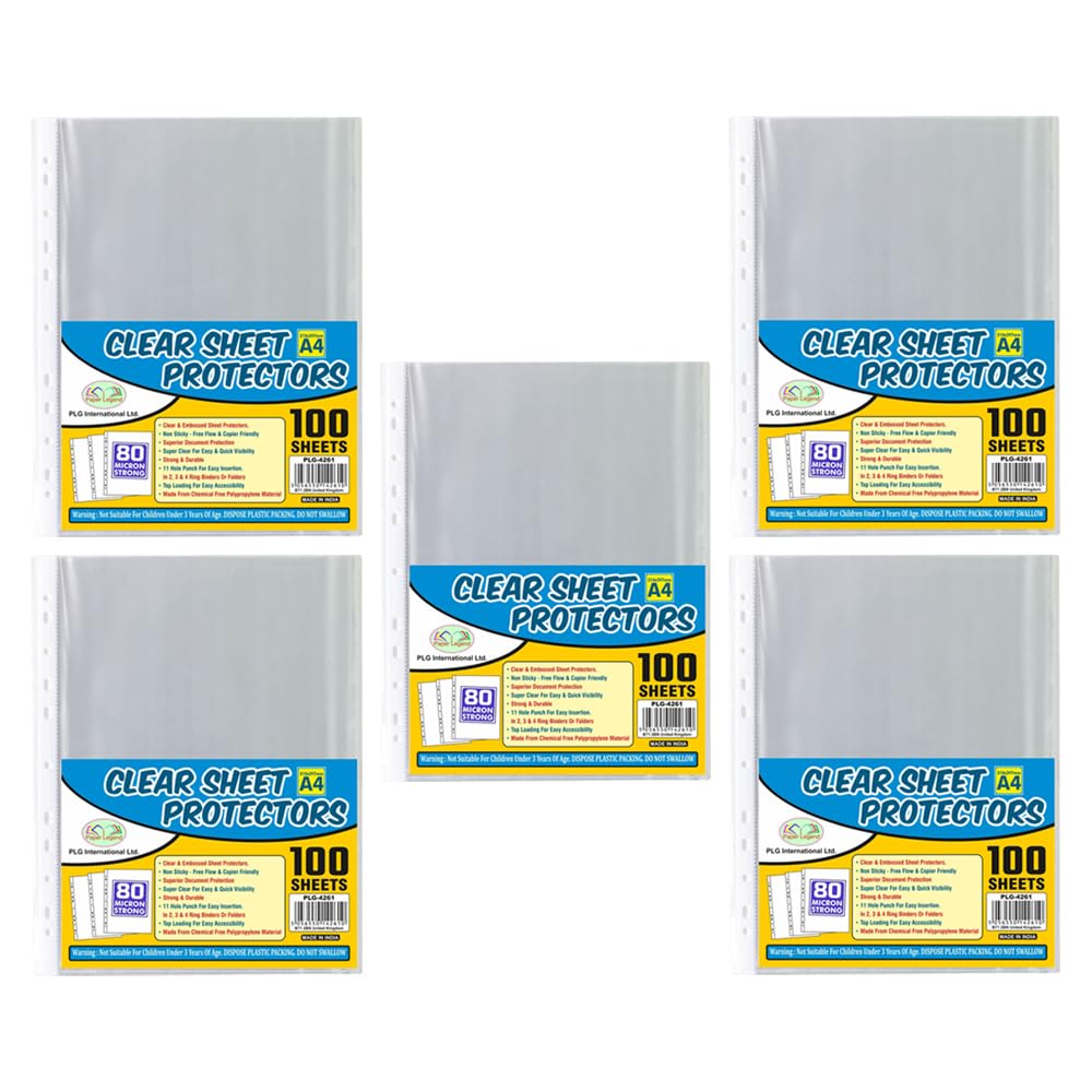Eason Bros A4 Clear Plastic Punched Pockets 80 Micron – Heavy Duty Sheet Protectors, Strong Transparent Poly Wallets for Filing, Binder, Home, School & Office (Pack of 5)