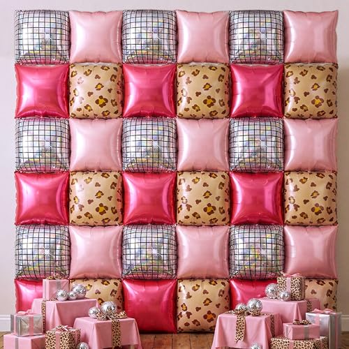 Image of Xqumoi Cheetah Print Square Foil Balloons Wall Backdrop - 36pcs Mixed Color Leopard Print Balloon Kit, Party Decor for Birthday, Bachelorette, Wild Theme Party Photo Booth Backdrop (Pink)