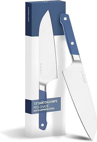 Vista 27 de Misen Cuchillo de chef japonés Santoku, acero inoxidable de alto carbono de 7.5 pulgadas, diseño clásico de cuchillo japonés para cortar, rebanar