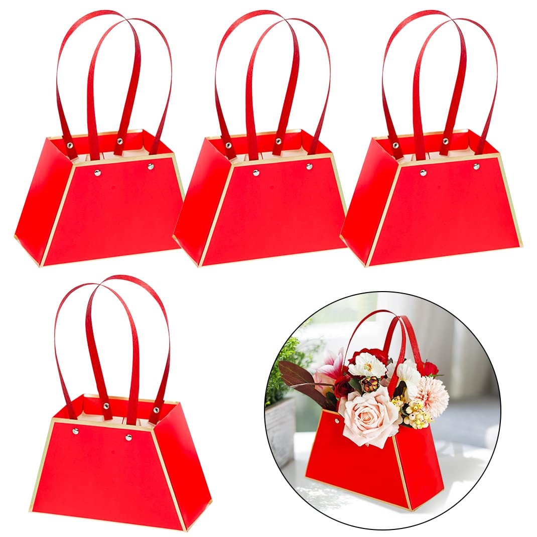 DIYBravo 4pcs Portable Kraft Paper Flower Gift Bags Flower Box Bouquet Bags Waterproof, Florist Box Supplies for Wedding Birthday Mother's Day Anniversary Party Event (red) - Image 2