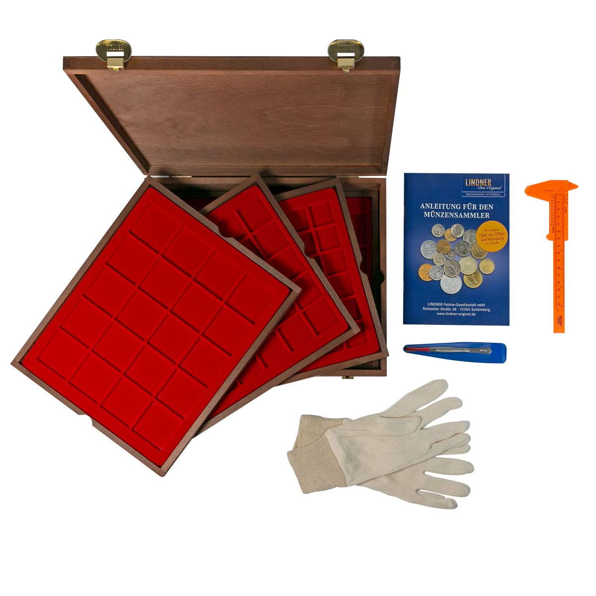 LINDNER Das Original Wooden coin box with 4 red inserts in real wood trays with 127 square compartments with different diameters, outer dimensions: 32.5 x 26.5 x 6 cm