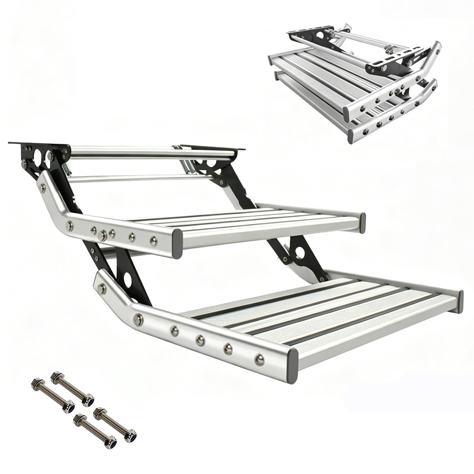 Camper RV Steps Folding 2 Step Manual, Anti-Slip, Aluminum Alloy, LED Light, for RV Travel Trailer Entry, 440lbs