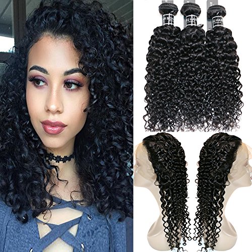 BQ HAIR Deep Curly 360 Frontal with Bundles 8A 100% Unprocessed Virgin Brazilian Human Hair -3 Bundles with 360 Lace Frontal Closure Pre Plucked (24"26"28"&20")