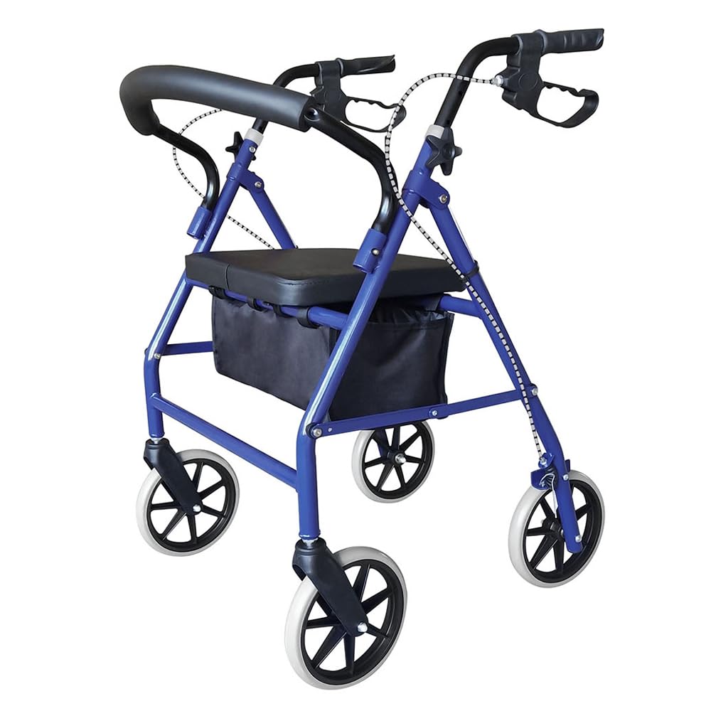 Lightweight Folding Mobility Aids, Mobility Walker Rollator 4 Wheel with Padded Seat, Lockable Brakes and Bag, Walking Frame for The Elderly or Disabled (Blue)