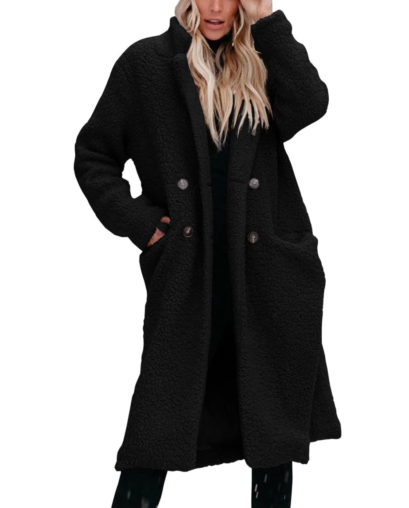 Wool Long Cardigan Coats Women Winter Trendy Stand Collar Double Breasted Sherpa Open Front Trench Coat with Pockets