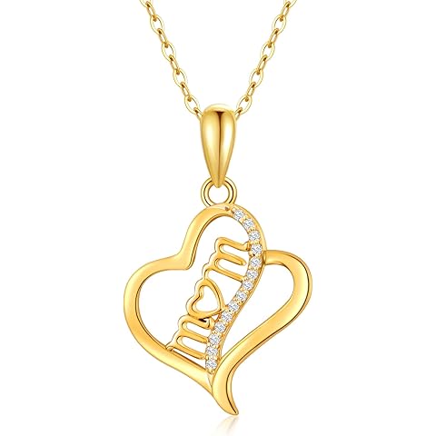 Mothers Day Gift for Mom,14K Real Gold Mom Heart Necklace for Women Wife Mom Grandm...