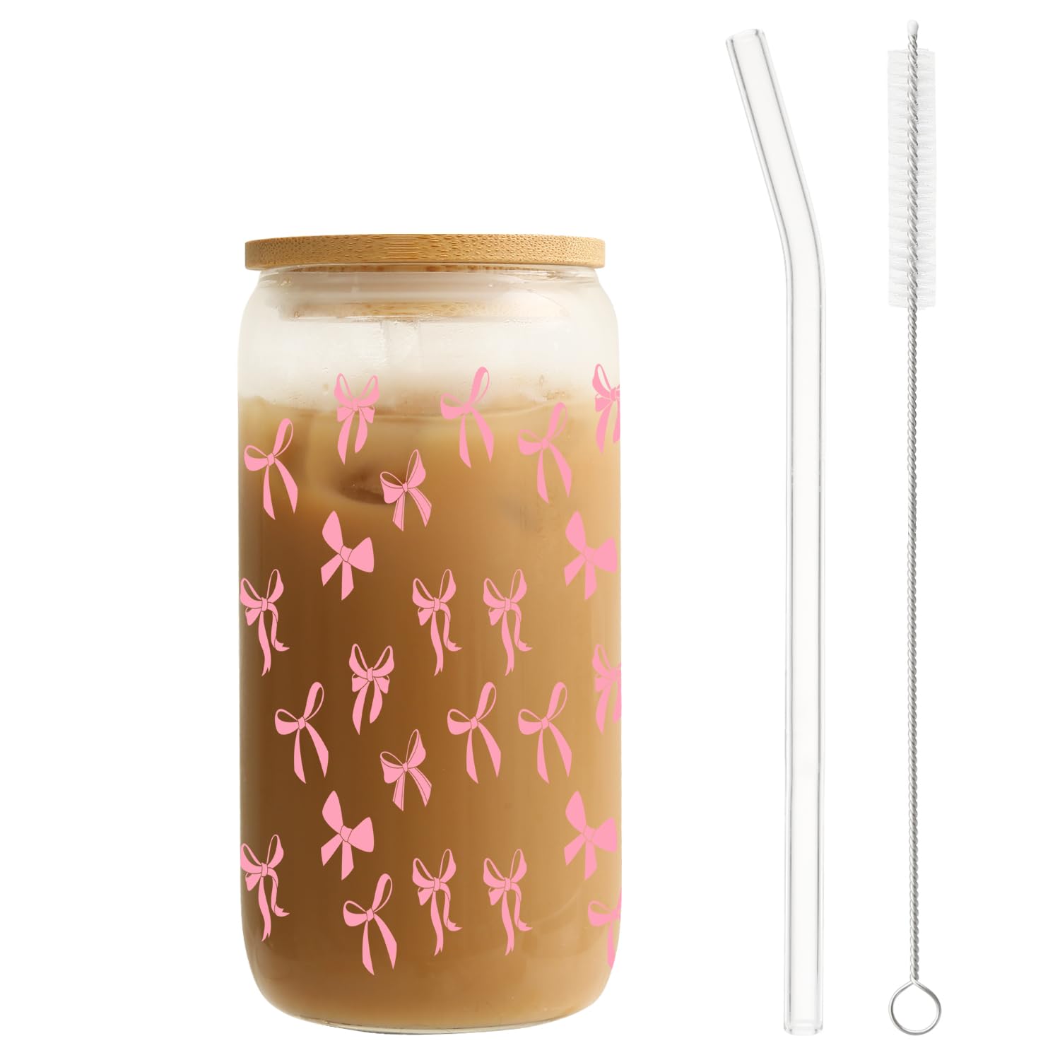 MRYAWXBK Coquette Pink Bows Glass Cup with Bamboo Lids Straw 16oz, Aesthetic Ice Coffee Glass Tumbler for Soda Boba Tea Cocktail Birthday Gifts for Her Mom