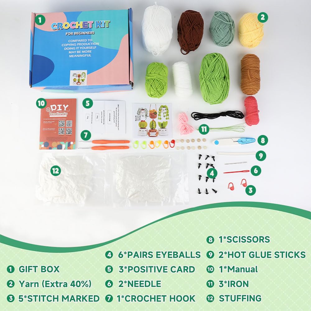 Mecmbj Simpatico Kit per Uncinetto con Cactus, Kit per Uncinetto con Vaso per Piante Fatto a Mano da 6 Pezzi, Set per Principianti all'uncinetto per Adulti con Istruzioni Video Passo di Inglese