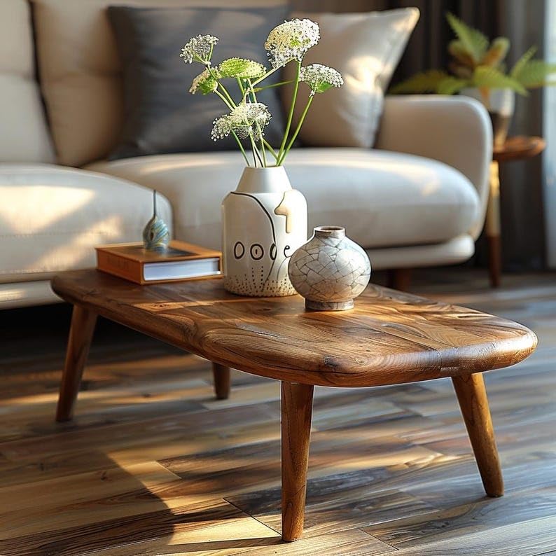 Image of Sheesham Wood Coffee Table | Modern Low Floor Center Table for Living Room, Lounge & Bedroom | Solid Wooden Tea Table with Rounded Edge Design | Light Brown