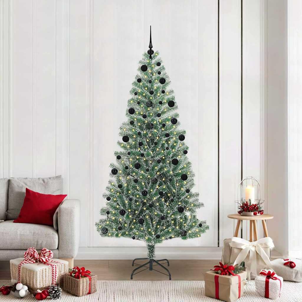 Pre-Lit Snowy Artificial Christmas Tree, 210 cm, in polietilene satinato con 300 luci a LED a luce bianca calda, alimentate tramite USB, elegante forma conica per interni ed esterni, decorazione per
