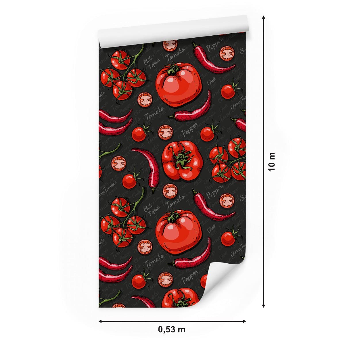 Muralo Tapeta 10 m, rolka flizeliny, jedzenie, warzywa, papryka, pomidory, napisy, tapeta z włókniny, 1000 x 53 cm, tapeta ścienna, do salonu, sypialni, nowoczesna dekoracja ścienna