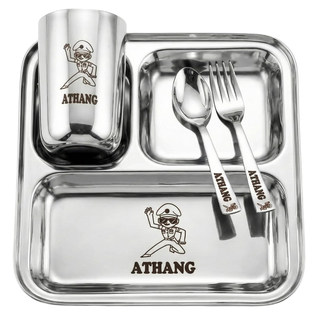 ncgifts Personalized Gift for Kids: Customized Stainless Steel Kids Name Plate Set - Unique Customizable Plates for Boys & Girls Birthday - Engraved with Name & Character Mealtime Fun and Creativity.
