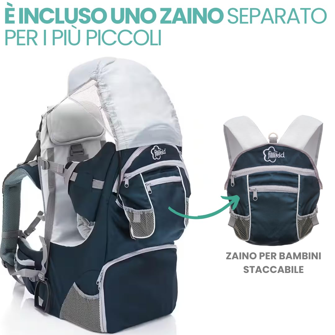 Fillikid Zaino Porta Bambino Montagna, con Protezione Sole, Cintura - Zaino Trekking Porta Bambino e Neonati da 6 Mesi Fino a 18 kg - Blu, grigio