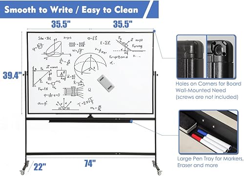 Miniatura 3 de FORTUNO Pizarra blanca móvil magnética grande de 72 x 40 pulgadas, soporte rodante de doble cara sobre ruedas, pizarra blanca reversible ajustable