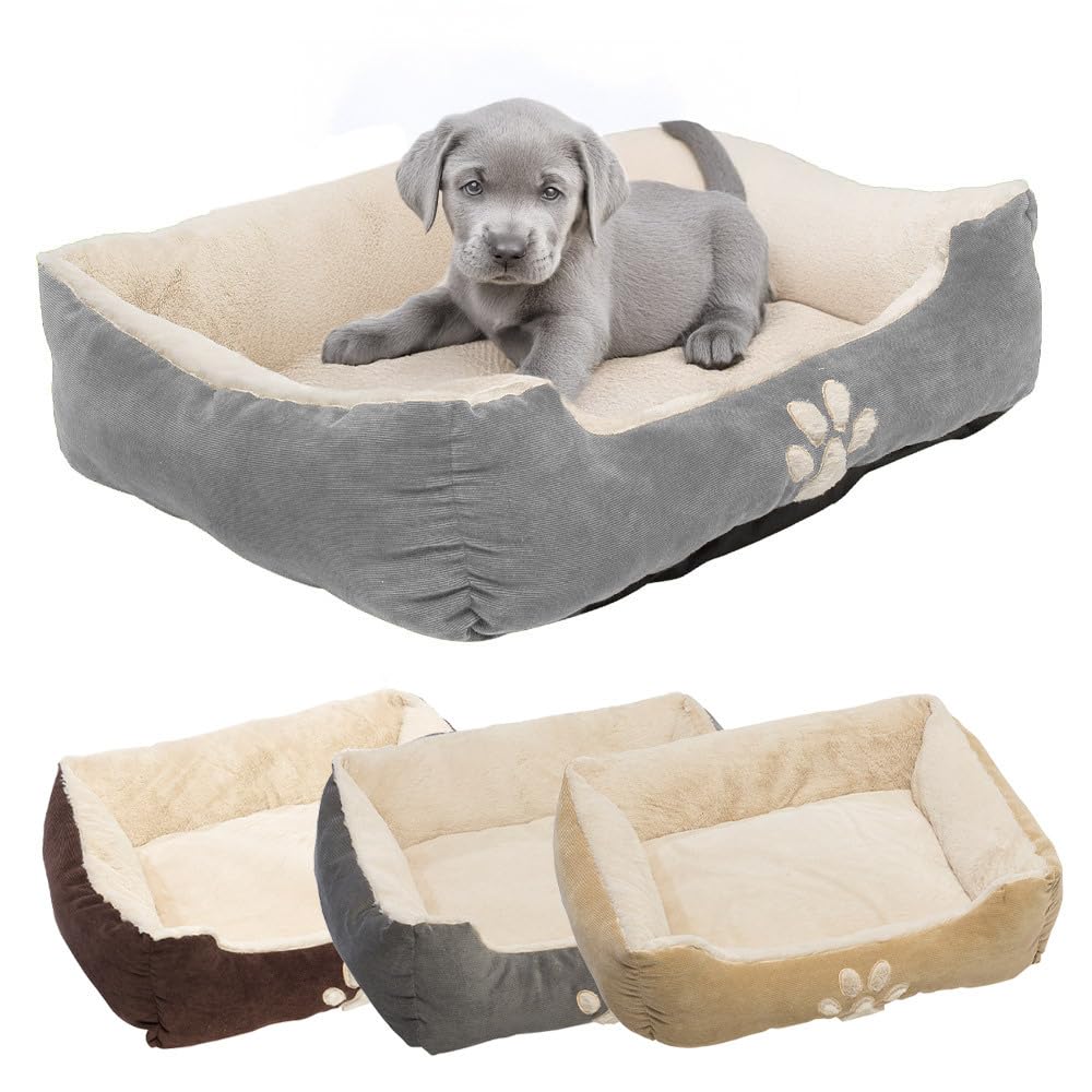 Petnic - Hundebett ca. 60x48x18 cm - Grau - Plüsch flauschig mit Rand weich für kleine bis mittelgroße Hunde Katzenbett Beige Hundekissen Haustierbett eckig ca. 60x50 cm