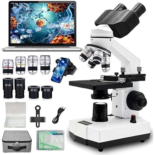 Upgraded 40X-2500X Magnification Biocular Microscope with 100X Color Difference Objective Lens Upgrade Abe Spotlight Dual Wide Angle Eyepieces and Phone Holder for Home Research and School Education