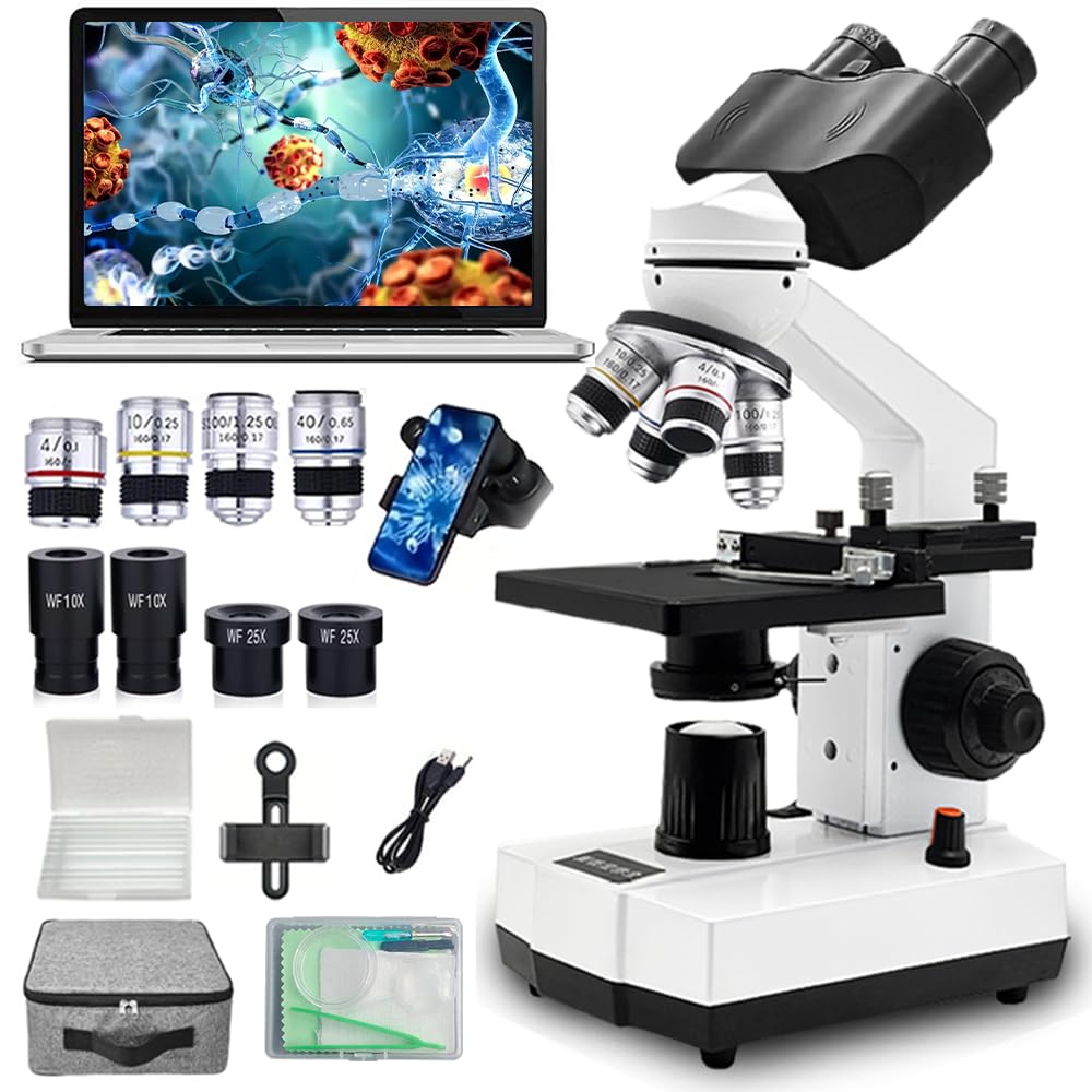 Upgraded 40X-2500X Magnification Biocular Microscope with 100X Color Difference Objective Lens Upgrade Abe Spotlight Dual Wide Angle Eyepieces and Phone Holder for Home Research and School Education