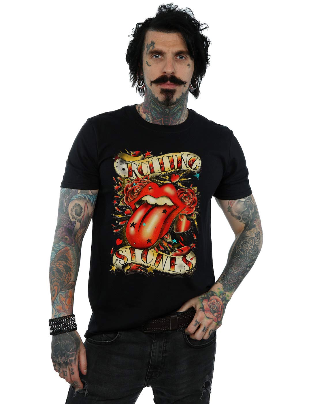Absolute Cult Men's Black Rolling Stones Tongue And Stars T-Shirt Small