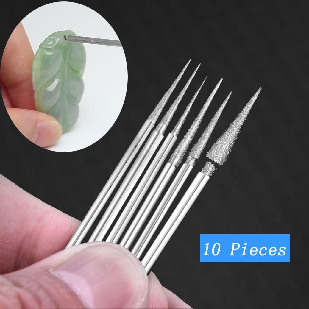 Luo ke 10 Pcs Cone Shape Diamond Burr Set - 3/32'' Shank Diamond Cone Burs Stone Carving Bits for Rotary Tool Include Dremel