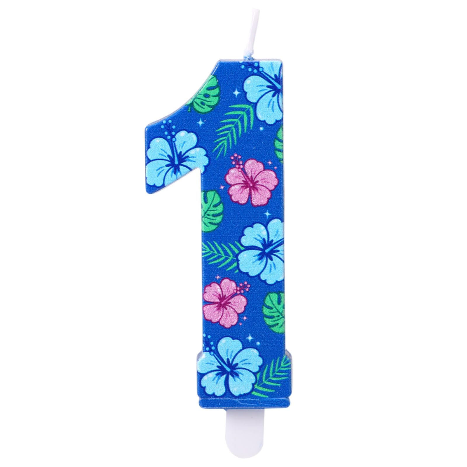 Bougie d'Anniversaire en Forme de Chiffre de Dessin Animé, Décoration Gâteau 3D Bleue Sur le Thème des Animés et d'Hawaï avec Motif Floral pour les Fêtes d'Enfants (Garçons et Filles) (Numéro 9) - 1