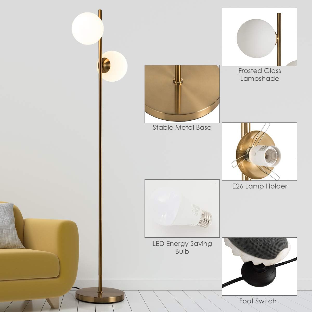 Elegant Brass Triple-Head Torchiere Floor Lamp with Glass Shades