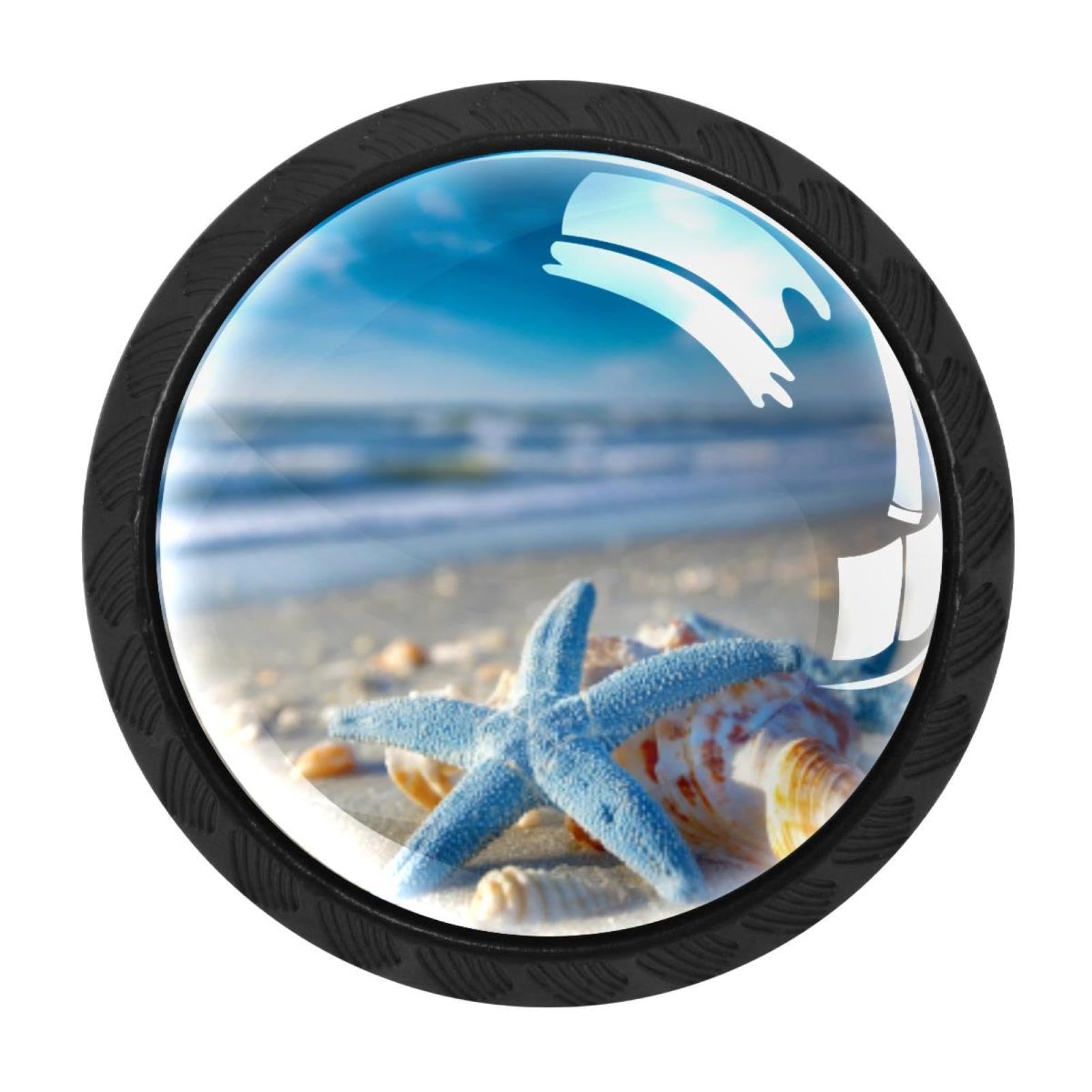 CHENZZZZ 4 Pack Black Ocean Beach Starfish Seashell Blue Skyli (1) Cabinet Pulls with Screws, Kitchen Cabinet Knobs Hardware