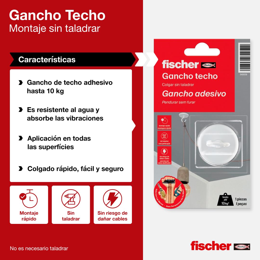 fischer Gancho Techo Adhesivo Pared Blanco 10 kg Resistente al Agua Incluye Pegamento