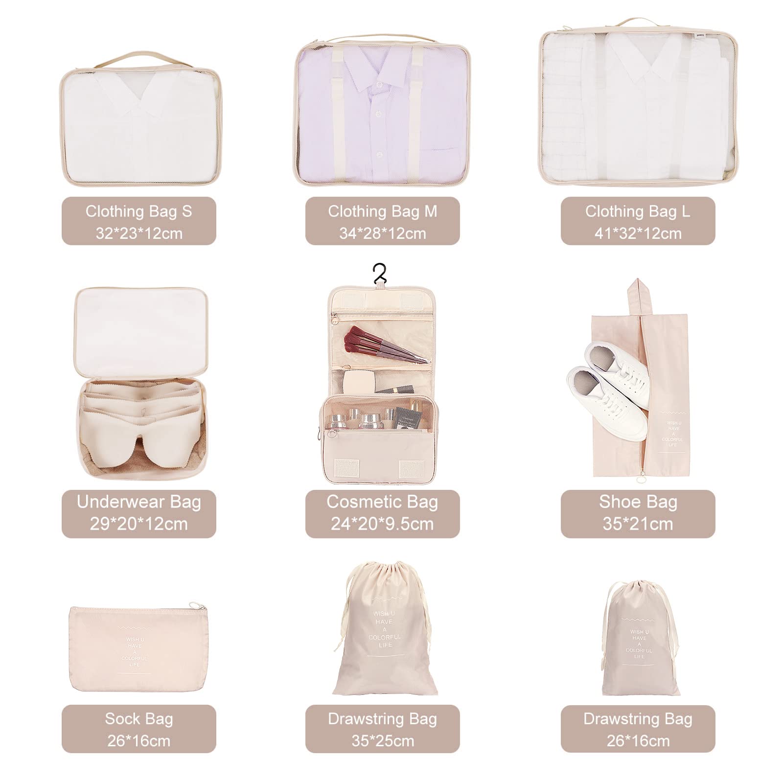 Organizer Valigie Set di 9, Cubo di Viaggio Cubi di Imballaggio, Cosmetici Abbigliamento Intimo Calzature Organizzatori Sacchi Valigia di Stoccaggio Set, Beige