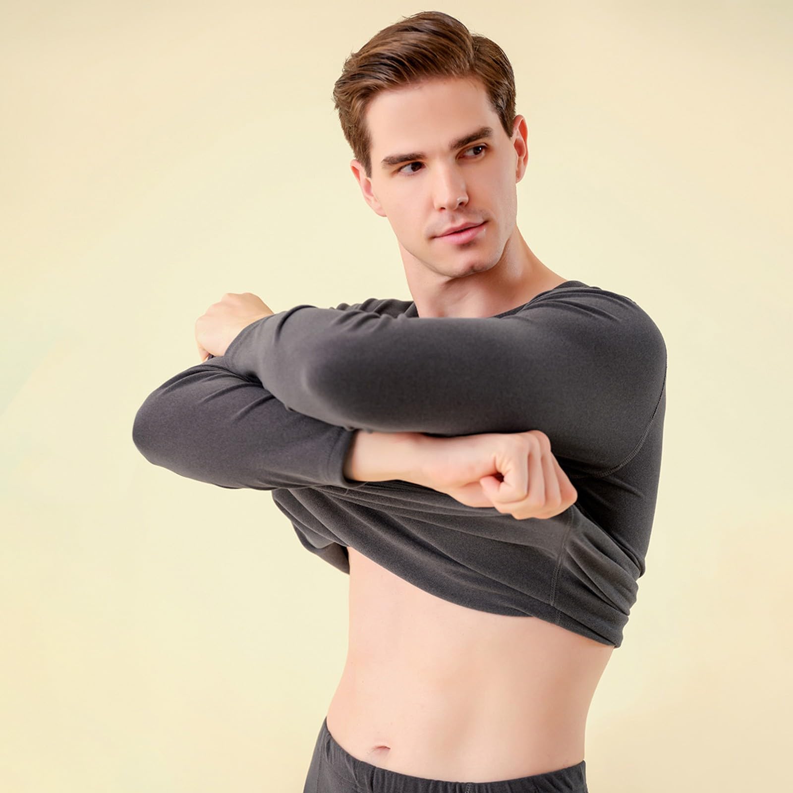 Generisch Pijama corto para hombre con cuello redondo y cuello alto, conjunto de ropa interior de invierno, manga larga gruesa y pantalones largos, túnica para hombre