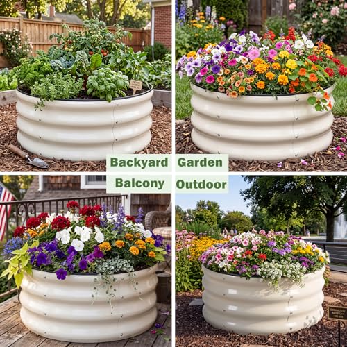 Image of 3 PCS Round Raised Garden Bed 2x2x1 ft, Metal Outdoor Planter Box Kit with Safety Rubber Edge, Easy Assemble Bottomless Small Planting Container for Vegetable, Flower, Fruit, White