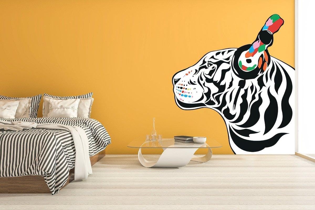 Decalcomania da parete in vinile, motivo: tigre DJ ispirata alla musica, per pareti, 63 x 55 cm, colore: bianco