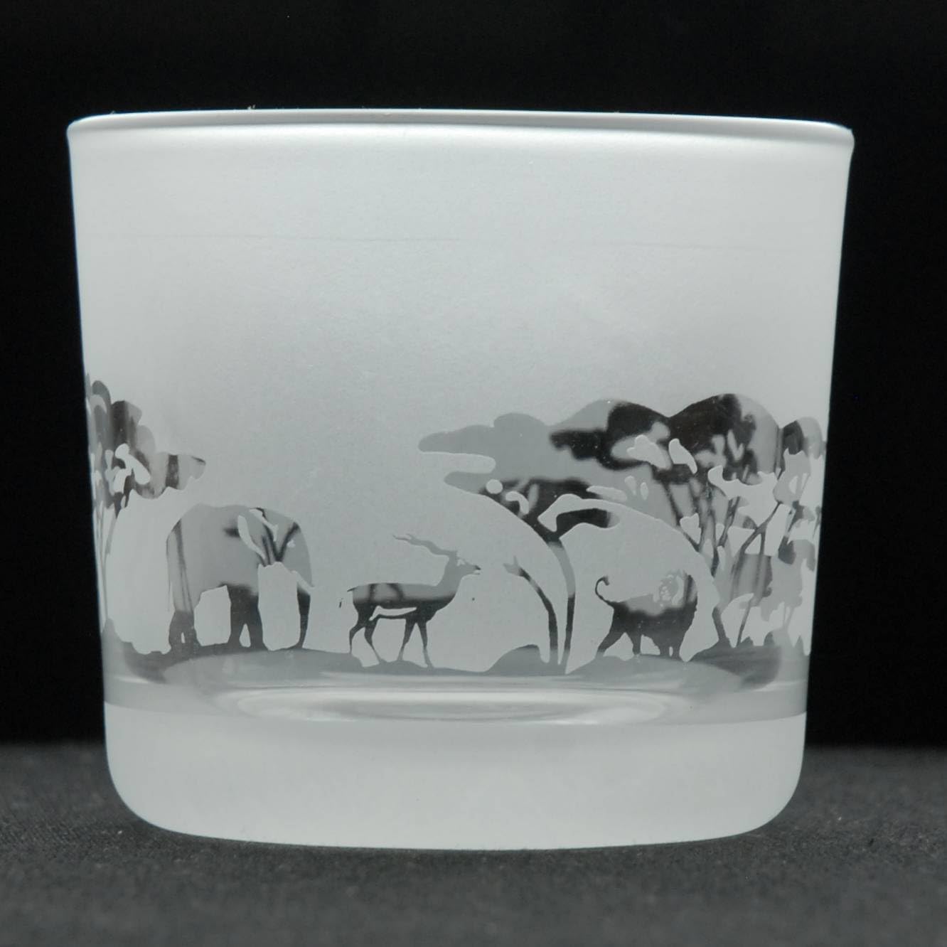 Photophore en verre dépoli gravé avec motif animal de safari – Cadeau d'anniversaire – Décoration d'intérieur – Scène d'animaux de la savane