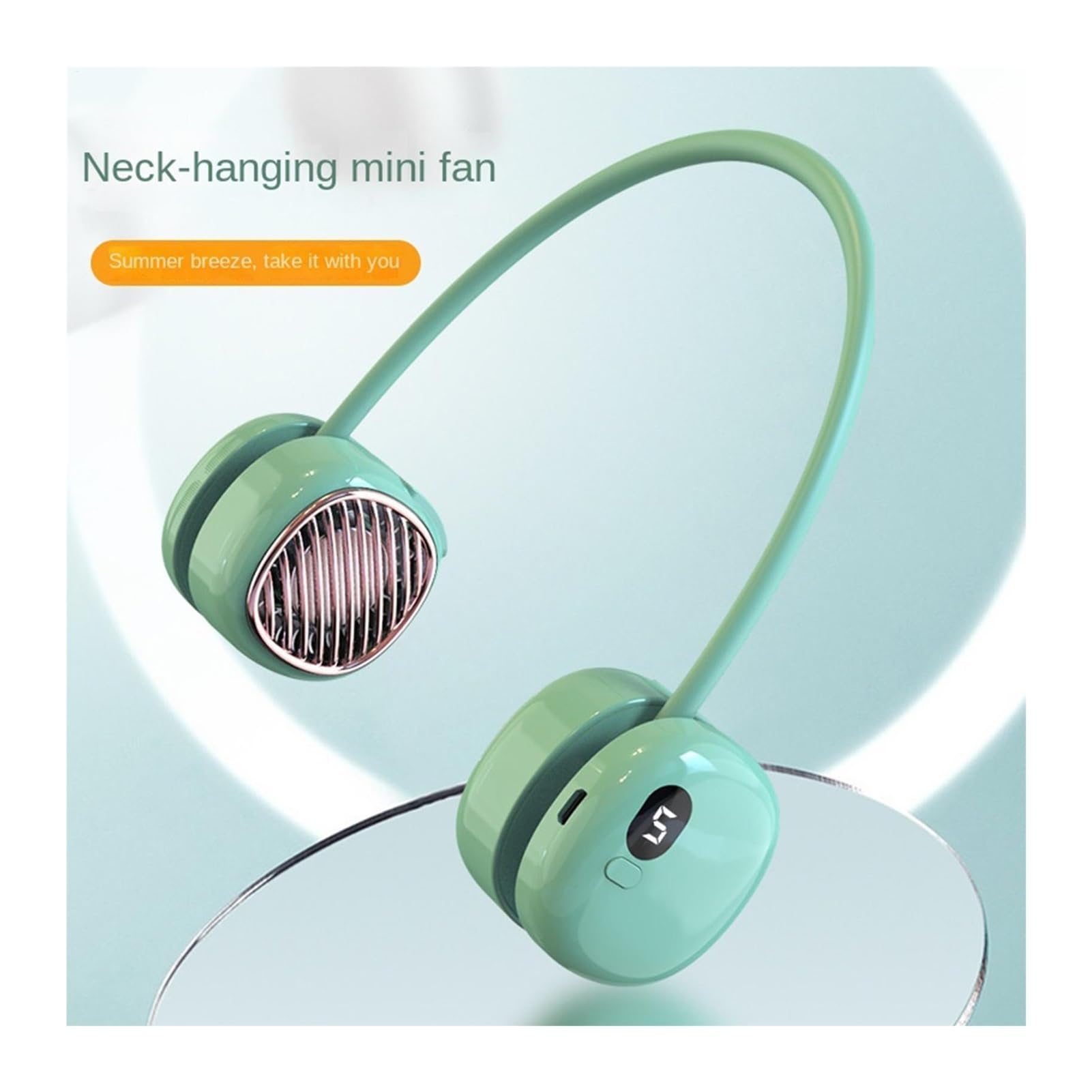 Generico Ventilatore da collo for i viaggi | 5 velocità, silenzioso, flessibile, indossabile, display LED, ricaricabile, portatile(Green)