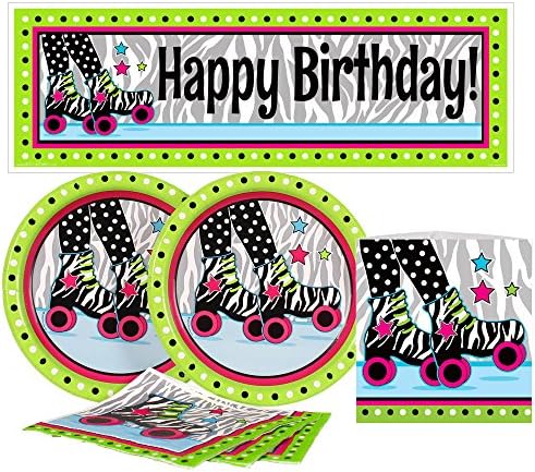 Birthday Direct Retro Roller Skate Value Party Kit for Up to 16 Guests Includes Plates, Napkins, Banners, and Decorations - 37 pieces - Zebra, Skating Party Supplies for Girls Birthday, Sleepover