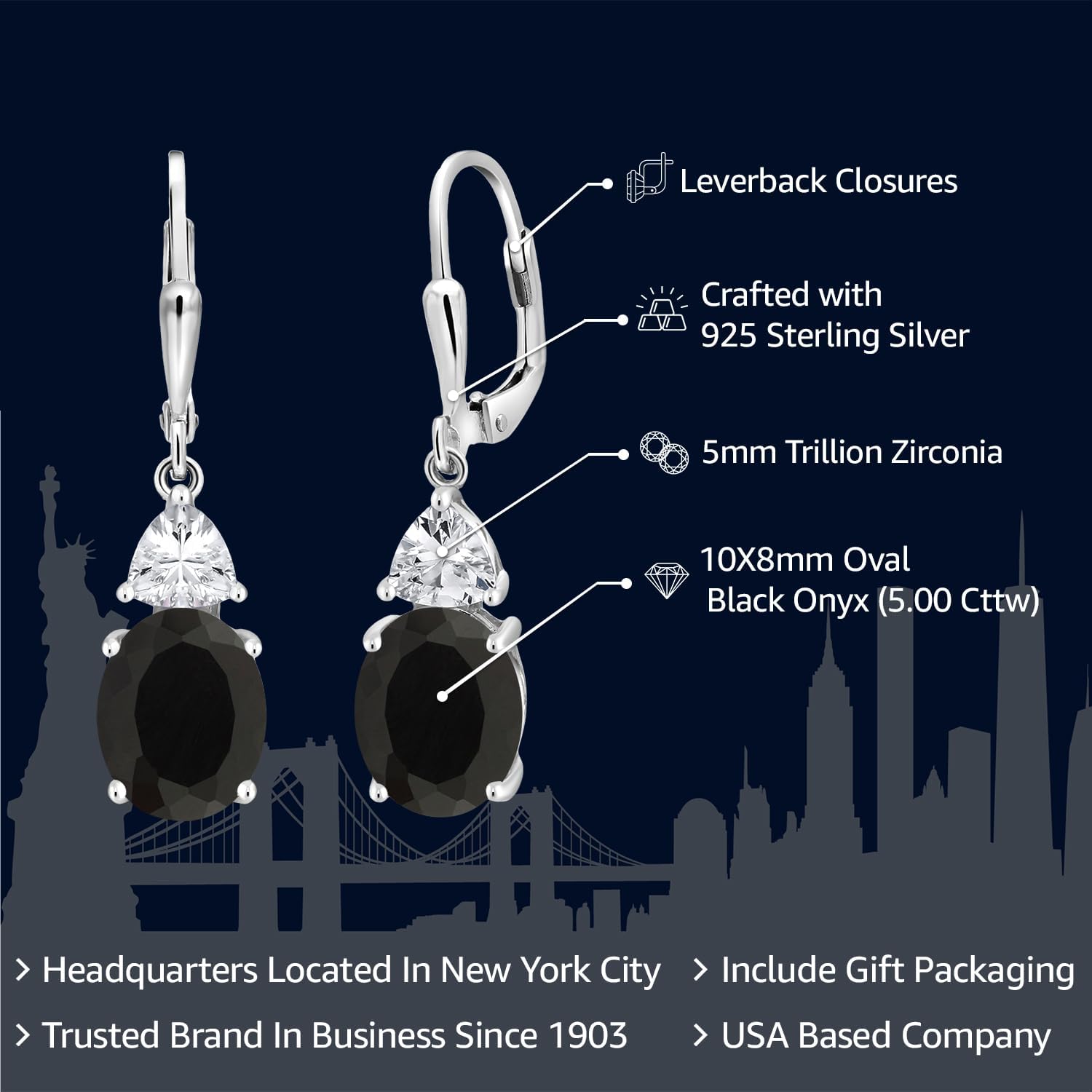 Gem Stone King 4-6 Cttw Leverback Drop Dangle Earrings For Women | Gemstone Birthstone | 925 Sterling Silver | Oval 10X8MM | Trillion 5MM | Gift for Her Wife Mom