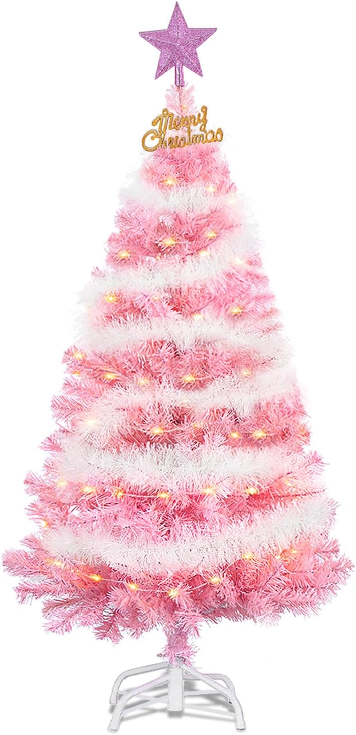 4FT Artificial Christmas Tree, Xmas Pine Tree with Metal Xmas Tree Stand,Pink Christmas Tree for Holiday, Home, Office, Party Decoration