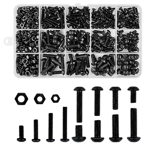 Frevoitna Juego de 500 Tornillos y Tuercas y Arandelas de Cabeza Hexagonal Negros, Tornillo Allen de Botón con Rosca Completa, Cabeza con Tuerca Plana Utilizado en Maquinaria y Autopartes M3 M4 M5