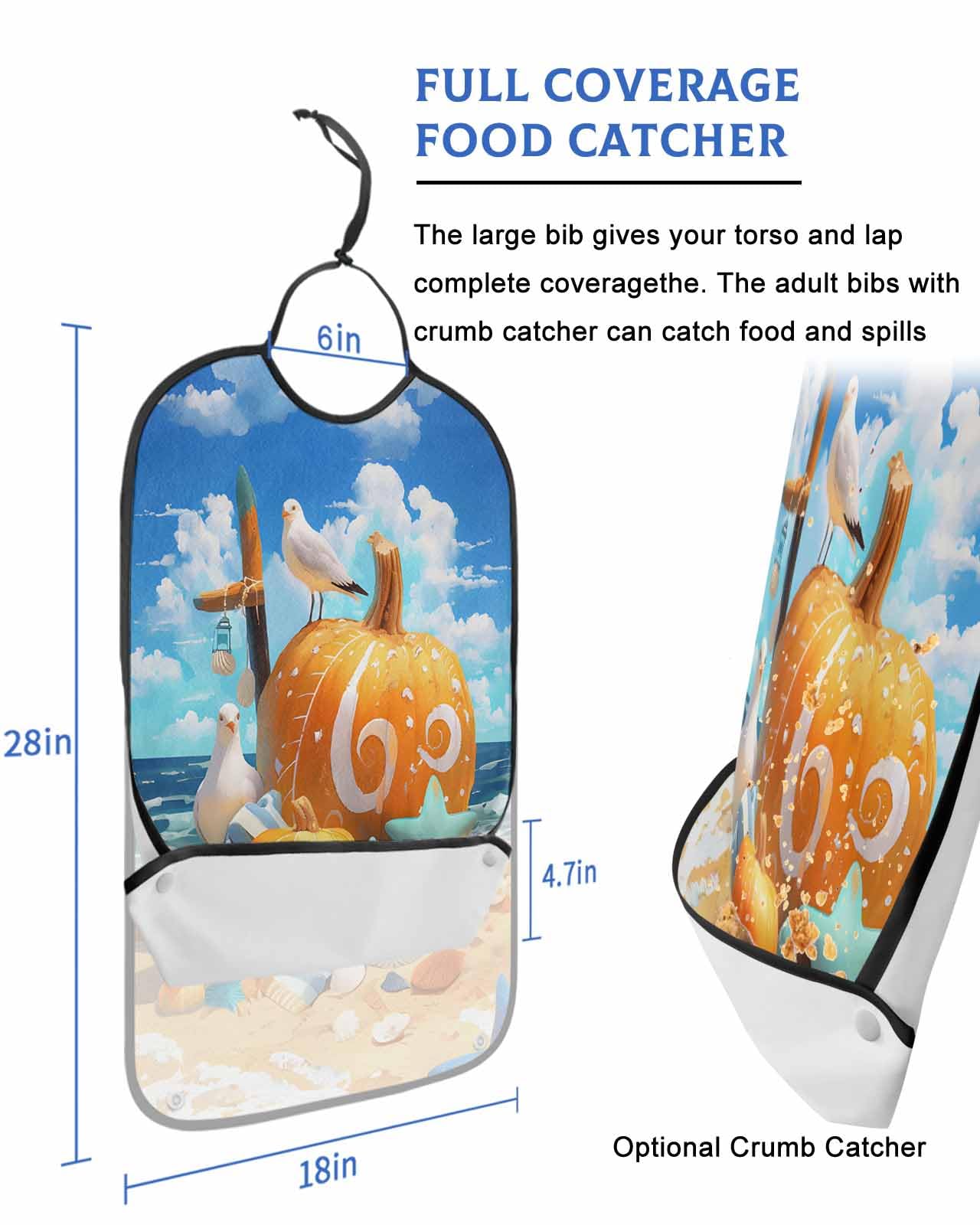 LEOKOTI Coastal Pumpkins Adult Bibs for Eating, Waterproof Bibs with Food Catcher & Adjustable Snap Closure, Fall Nautical Starfish Beach Washable Clothing Protectors Adult Bibs for Elderly Women/Men