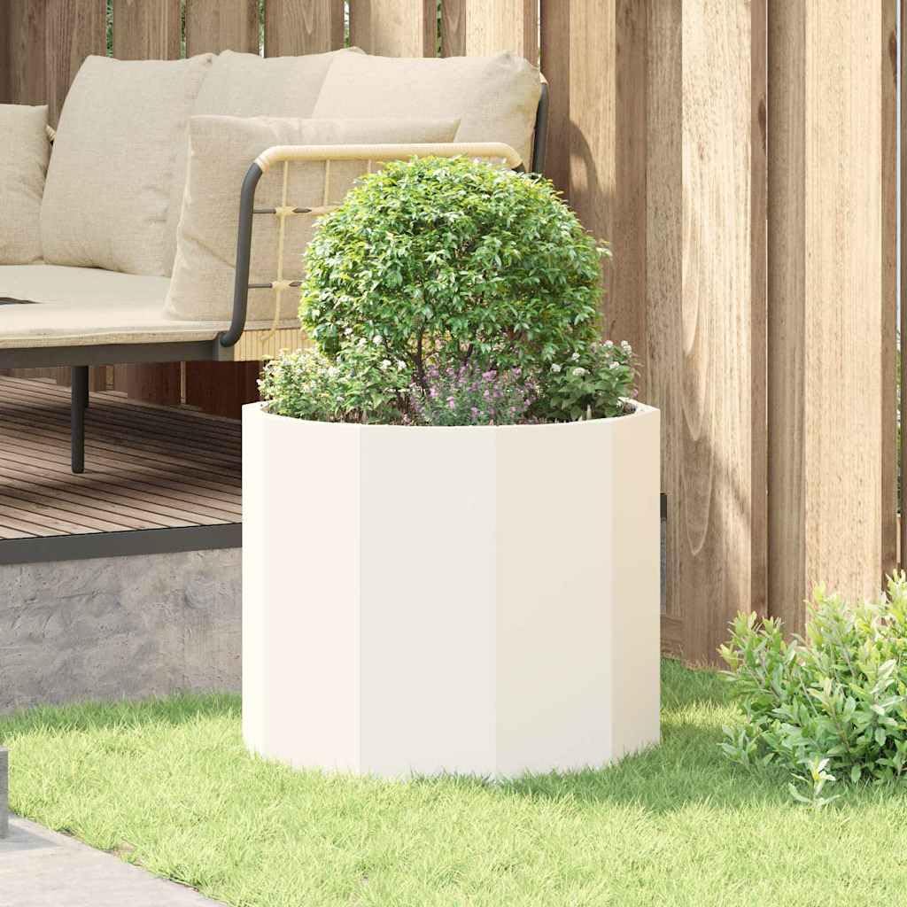 Biała Donica Ogrodowa Okrągła 60 x 60 x 50 cm Stal Trwała Roślina Doniczka na Zewnątrz Taras Balkon Łatwy Montaż Nowoczesny Styl